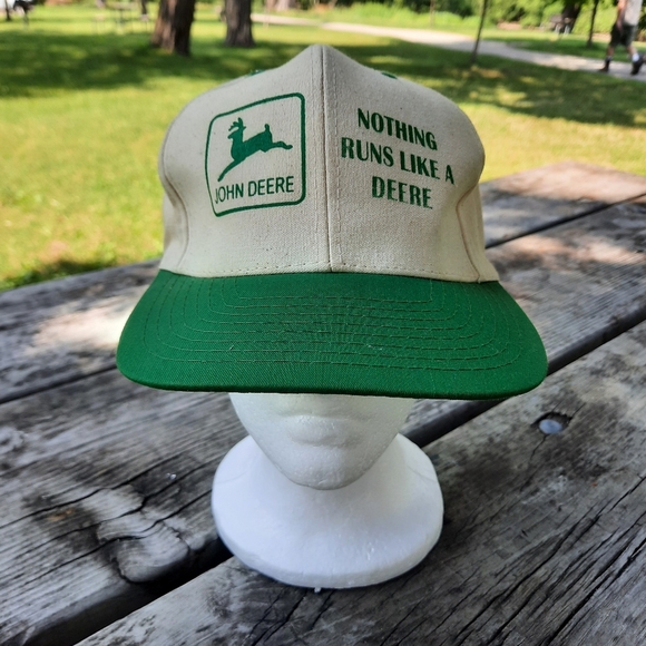 Vintage John Deere Tractor Cream Green Cotton Logo Farmer Snapback Hat OS - Picture 3 of 12